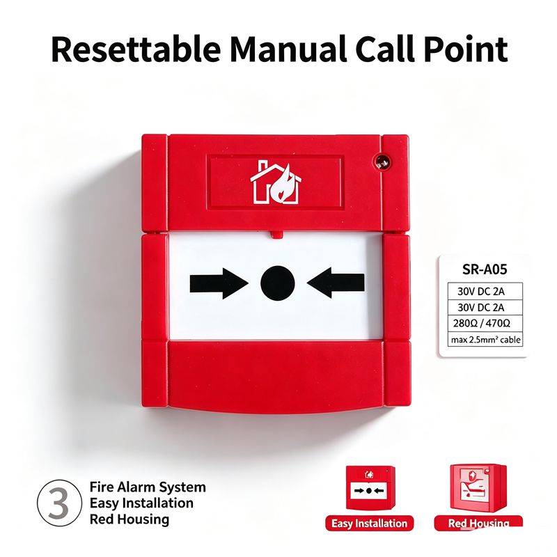 Red SUMRING SR-A05 resettable fire alarm manual call point displayed against commercial building backdrop for bulk overseas fire hardware sourcing reference
