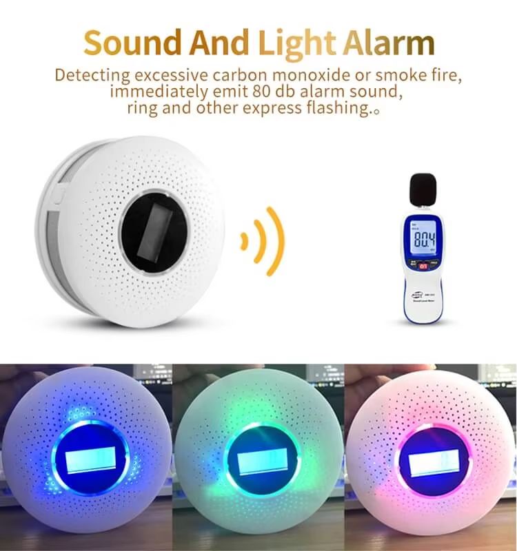 SR-821THS combined smoke and carbon monoxide alarm with multi-color LED ring and digital CO PPM display, demonstrating sound and light hush-mode alert reactivation