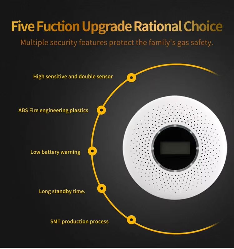 Close-up of dual sensor air intake holes and test/hush button on Sumring 2-in-1 smoke CO composite detector, technical product detail shot