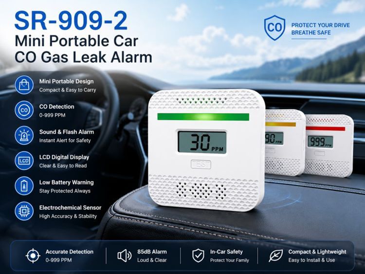 Mini vehicle carbon monoxide monitor LCD live 30 PPM reading mounted on compact car interior dash