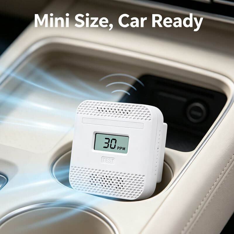 Infographic explaining mini CO alarm full 0-999 PPM detection spectrum and continuous live LCD PPM display for RV and small car use