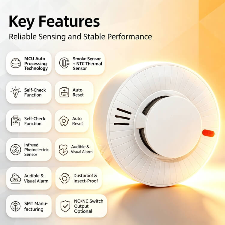 220V mains powered wired fire alarm sensor low power consumption wide temperature range
