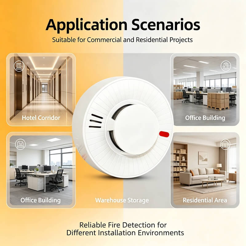 220V mains powered wired fire alarm sensor low power consumption wide temperature range