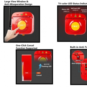 433MHz Wireless Manual Fire Call Point Button SR-A10R with antenna,SR-A10R wireless MCP button three-color LED indicator,Anti-tamper switch of SR-A10R wireless fire alarm button,One-key cancel reset button of SR-A10R wireless fire button,Wireless linkage diagram of SR-A10R fire MCP button,SR-A10R fire manual alarm button technical specification chart