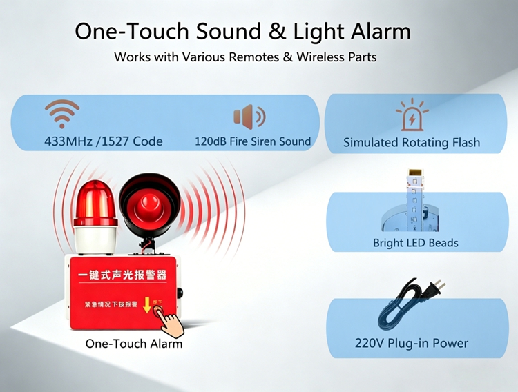 SR-112R 433MHz wireless one button sound light alarm technical specifications AC220V wireless linkage emergency siren