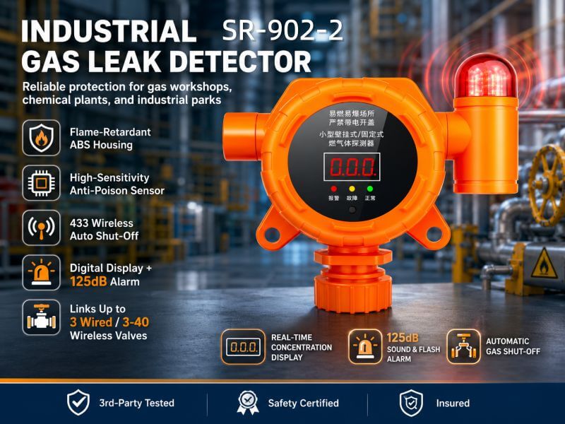 Sumring SR-902-2 commercial kitchen gas detector with digital display, audible visual alarm for restaurant LPG and natural gas monitoring