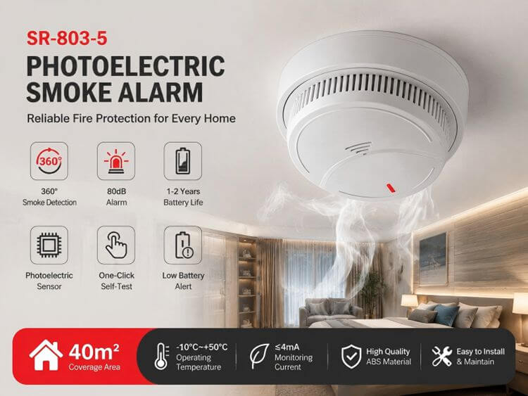 Photoelectric smoke alarm internal working diagram showing LED light beam and smoke particle scattering inside sensing chamber