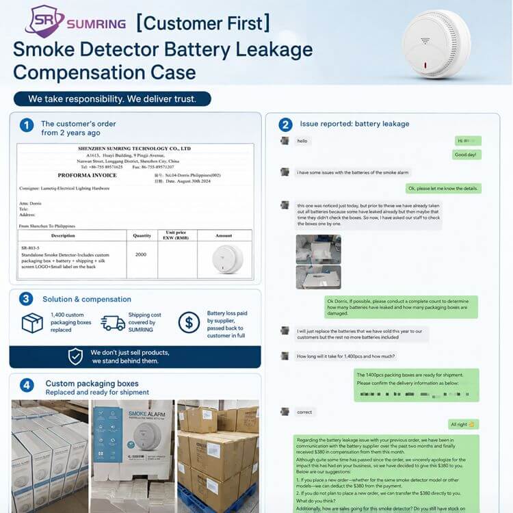 Sumring factory warehouse photo of replacement custom smoke‑alarm packaging boxes prepared for overseas shipment