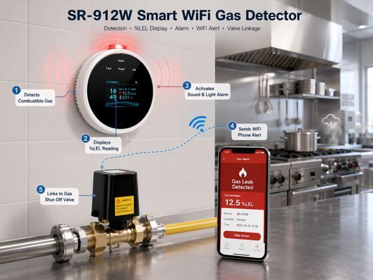 SR‑912W smart WiFi gas LPG leak detector with LCD screen, tuya app remote monitoring, CE RoHS certified for commercial kitchen safety