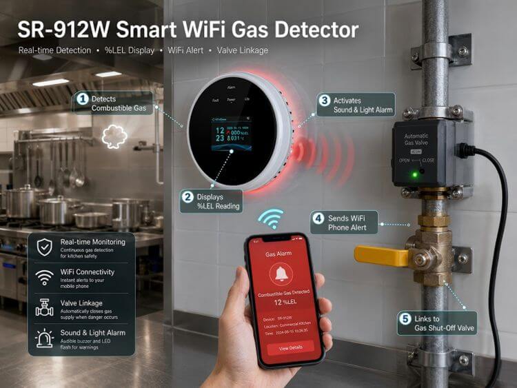 SR‑912W gas detector workflow diagram, detecting gas, triggering sound‑light alarm, phone alert and linked gas shut‑off valve actuator in commercial kitchen