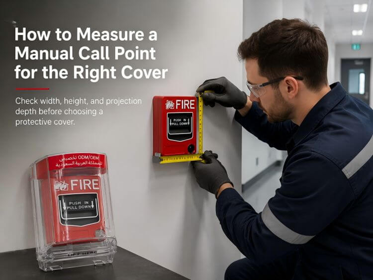 Technician measuring wall‑mount red fire manual call point with tape measure, checking width height projection depth for selecting matching transparent protective cover