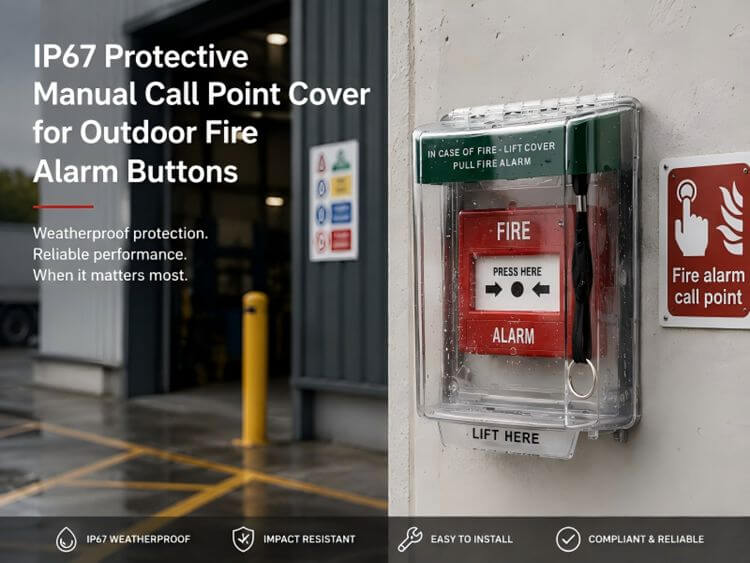 Transparent IP67 SR‑A08‑PS manual call point protective cover mounted over red fire alarm manual call point for commercial building corridor installation, custom ODM OEM printing option shown