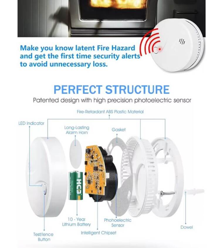 SR‑825PHS photoelectric smoke detector product shot for wholesale buyers, showing unit mounted on living‑room ceiling