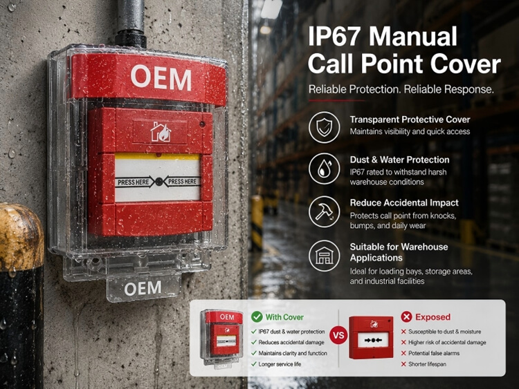 IP67 transparent manual call point protective cover installed on concrete warehouse wall, comparison chart of covered vs exposed manual call point