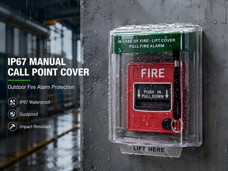 Waterproof dustproof manual call point cover mounted on outdoor industrial wall under rainy weather conditions