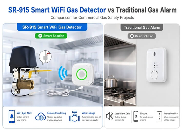SR‑915 Smart WiFi Gas Detector vs Traditional Gas Alarm side‑by‑side comparison graphic installed inside commercial stainless‑steel kitchen
