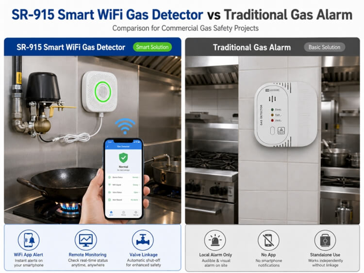 SR‑915 WiFi gas detector paired with gas valve actuator showing automatic shut‑off linkage for commercial kitchen gas safety