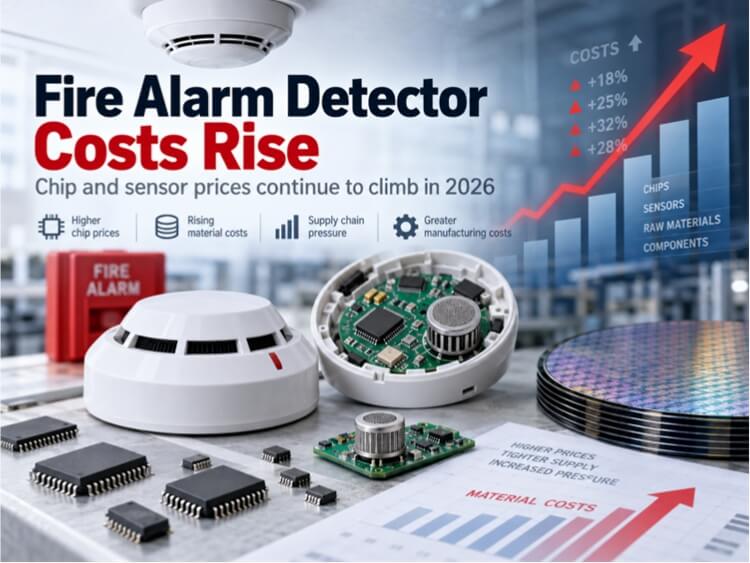 Fire alarm detector components including smoke sensor, circuit board, semiconductor chips and finished smoke alarm with 2026 cost rising chart background