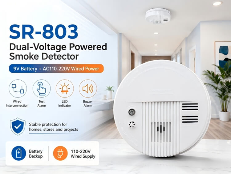 Sumring SR-803 dual voltage photoelectric smoke detector, 240V wired and 9V battery backup fire alarm for home and commercial building