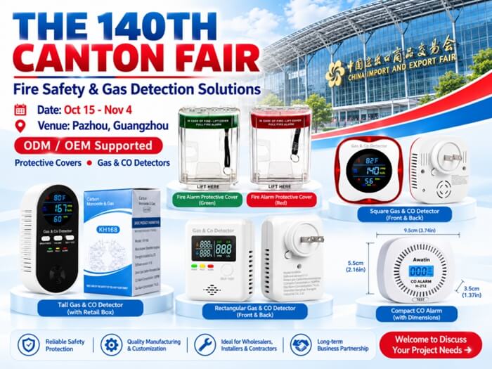Sumring booth poster for 140th Canton Fair showing gas CO detectors and manual call point protective covers, fire safety solutions for global buyers