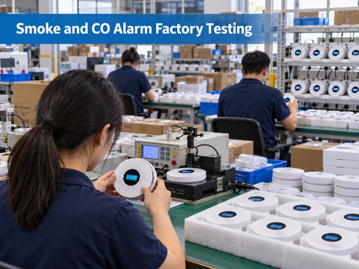 Sumring factory workshop, technicians performing smoke and CO alarm functional testing on finished SR-821THS detectors