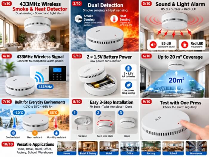 433MHz wireless smoke and heat detector product features, dual sensing with 85dB alarm and red LED, 20m² coverage