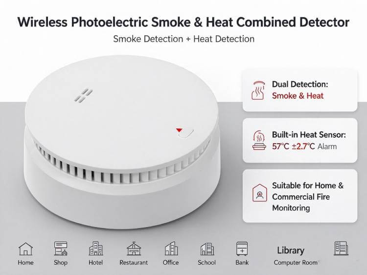 433MHz smoke heat detector battery operated photoelectric smoke and heat combined detector