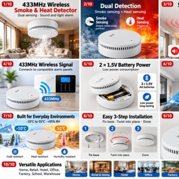 This 2-in-1 dual-sensor fire alarm is a photoelectric smoke heat detector, a 433MHz wireless RF smoke and heat combined fire alarm.
