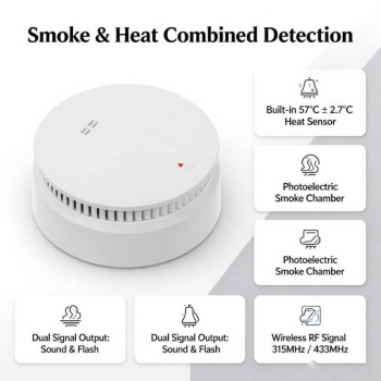 This 2-in-1 dual-sensor fire alarm is a photoelectric smoke heat detector, a 433MHz wireless RF smoke and heat combined fire alarm.