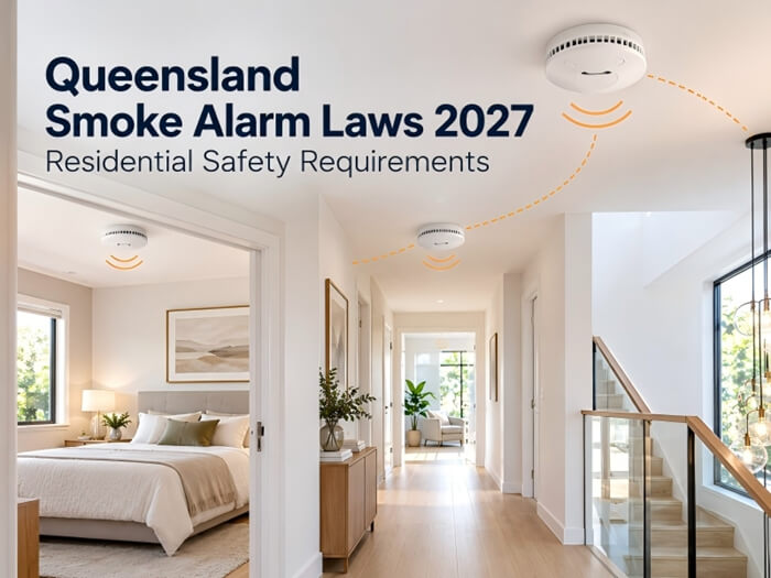 Recommended smoke alarm locations diagram for Queensland homes, showing detectors in bedrooms, hallways and every level