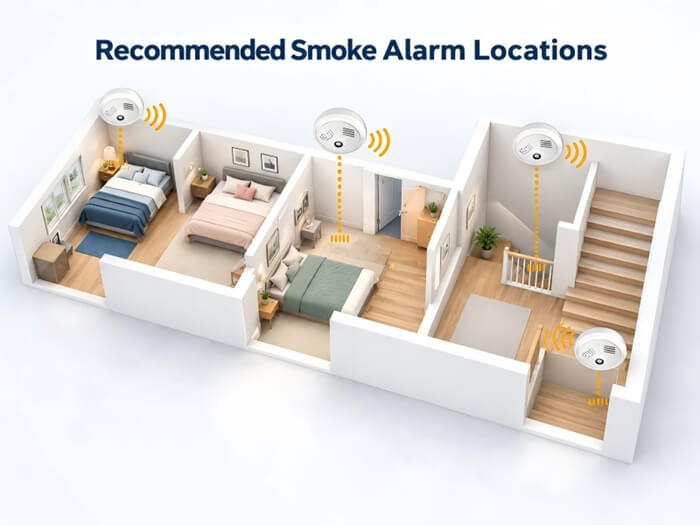 Recommended smoke alarm locations diagram for Queensland homes, showing detectors in bedrooms, hallways and every level
