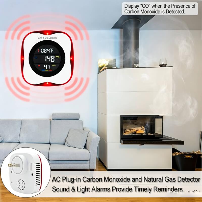 4-in-1 plug-in gas & CO detector combustible gas and carbon monoxide alarm gas leak detector with temperature humidity display electrochemical CO sensor detector catalytic sensor natural gas detector AC110-220V plug in gas alarm sound light gas carbon monoxide alarm 85dB gas CO alarm detector home kitchen gas and CO monitor basement garage gas leak alarm commercial kitchen gas detector