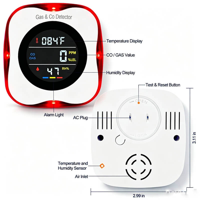 4-in-1 plug-in gas & CO detector combustible gas and carbon monoxide alarm gas leak detector with temperature humidity display electrochemical CO sensor detector catalytic sensor natural gas detector AC110-220V plug in gas alarm sound light gas carbon monoxide alarm 85dB gas CO alarm detector home kitchen gas and CO monitor basement garage gas leak alarm commercial kitchen gas detector