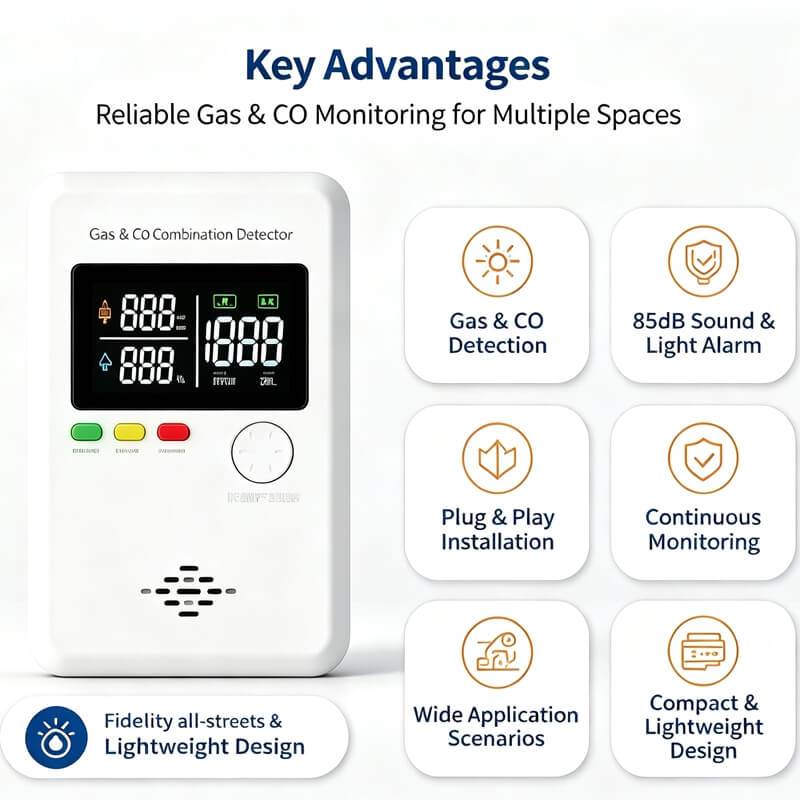carbon monoxide detector natural gas detector methane gas detector gas leak alarm CO gas alarm temperature humidity monitor gas detector with digital display color screen gas detector 85dB loud gas alarm plug and play gas detector AC110V-220V gas detector no wiring gas alarm wall plug gas detector multi gas monitor home gas safety device