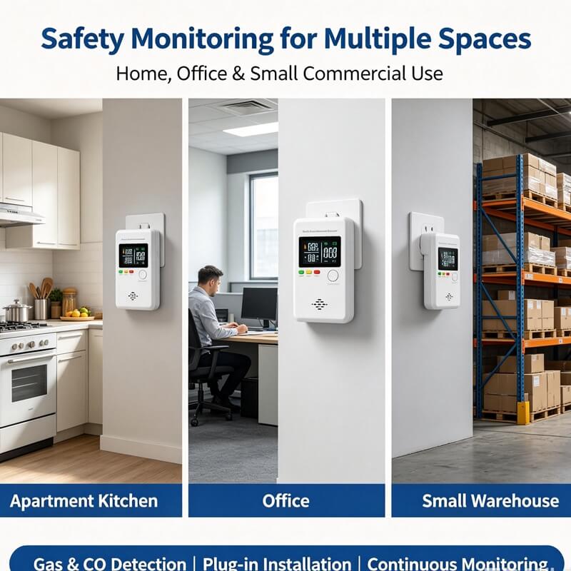 carbon monoxide detector natural gas detector methane gas detector gas leak alarm CO gas alarm temperature humidity monitor gas detector with digital display color screen gas detector 85dB loud gas alarm plug and play gas detector AC110V-220V gas detector no wiring gas alarm wall plug gas detector multi gas monitor home gas safety device