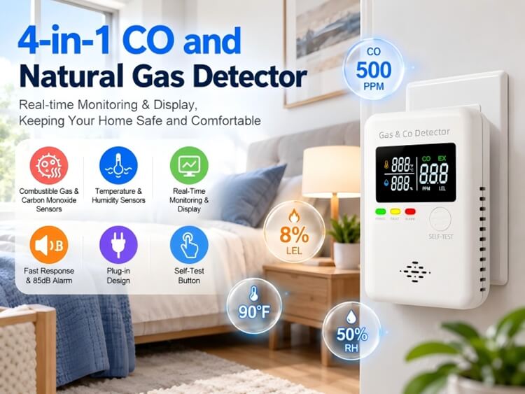 4-in-1 CO and natural gas detector features diagram showing combustible gas, CO, temperature and humidity sensors with 85dB alarm and self-test button