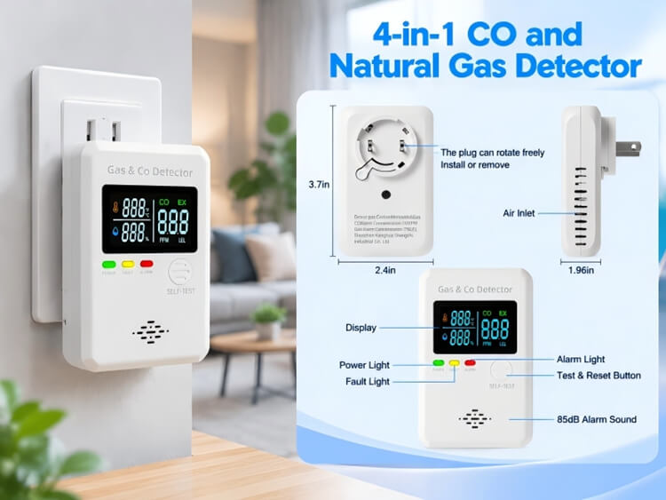 4-in-1 CO and natural gas detector features diagram showing combustible gas, CO, temperature and humidity sensors with 85dB alarm and self-test button