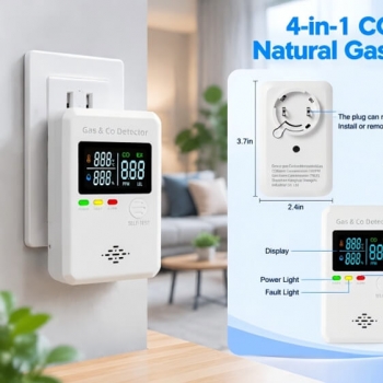 4-in-1 plug-in natural gas and carbon monoxide detector with real-time CO, temperature and humidity display, plugged into a home wall socket in a bedroom