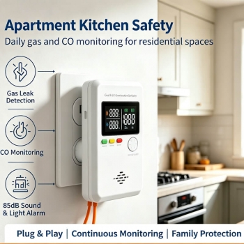 gas detector for home kitchen, carbon monoxide detector for apartment rental, plug in CO detector for office, natural gas alarm for small warehouse, light commercial kitchen gas detector, indoor gas and temperature humidity monitor, combination CO and methane detector, home gas safety alarm plug-in type, 4 in 1 plug gas monitor for residential use, AC powered gas and carbon monoxide detector