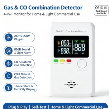 gas detector for home kitchen, carbon monoxide detector for apartment rental, plug in CO detector for office, natural gas alarm for small warehouse, light commercial kitchen gas detector, indoor gas and temperature humidity monitor, combination CO and methane detector, home gas safety alarm plug-in type, 4 in 1 plug gas monitor for residential use, AC powered gas and carbon monoxide detector