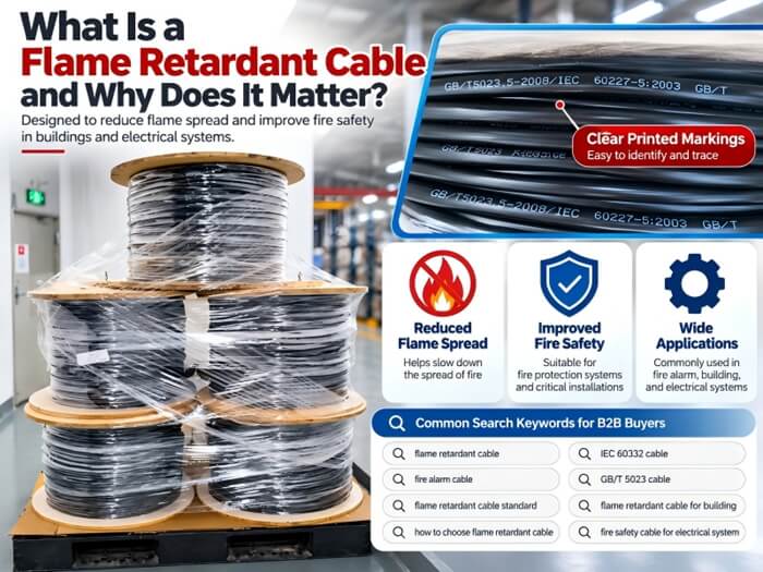 Flame retardant cable on wooden spools wrapped in plastic, stored on pallets in a building corridor, fire safety cable for alarm and electrical systems