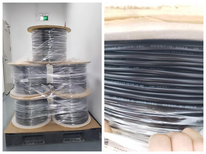 Close-up of black flame retardant cable sheath with printed standard markings GB/T 5023 and IEC 60227, traceable certification for B2B buyers