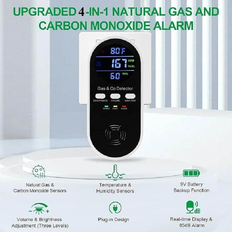 KH168 4-in-1 detector, carbon monoxide detector, combustible gas detector, natural gas detector, CO gas temperature humidity detector, plug-in gas alarm,
