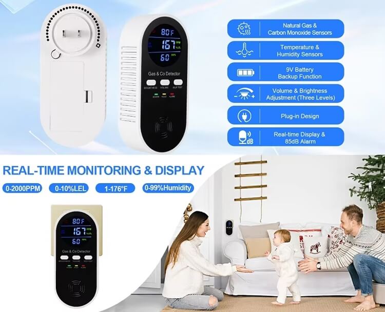 kh168 4-in-1 CO & Gas & temperature & humidity detector Core Detection Functions: * Carbon Monoxide: 0~2000 ppm range, triggers alarm at 150 ppm * Combustible Natural Gas: 0~10% LEL range, triggers alarm at 5% LEL * Temperature: 1~176°F real-time display * Humidity: 0~99% RH real-time display Key Features: 1. Dual Gas Sensors — Detects natural gas and carbon monoxide simultaneously 2. Temperature & Humidity Sensors — Monitors indoor environment on one LCD screen 3. 9V Battery Backup — Continues monitoring during power outages 4. 3-Level Volume & Brightness Adjustment — Customize alarm sound and backlight 5. Plug-in Design — AC110-220V universal voltage, no wiring required 6. Real-time LCD Display & 85dB Alarm — Clear digital readout with loud buzzer