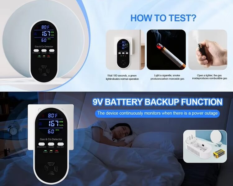 CO alarm 150ppm, combustible gas alarm 5%LEL, 9V battery backup gas detector, LCD gas monitor, 85dB gas alarm, adjustable alarm volume and brightness, self-test function gas detector, wall plug gas detector, indoor gas leakage detector, RV gas detector, kitchen CO and gas detector